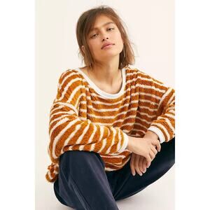 Free People Breton Striped Fuzzy Sherpa Pullover Sweatshirt Medium Camel Tan